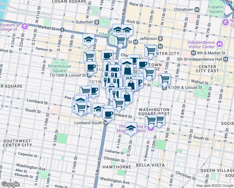 map of restaurants, bars, coffee shops, grocery stores, and more near 1321 Cypress Street in Philadelphia
