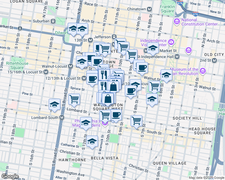 map of restaurants, bars, coffee shops, grocery stores, and more near 252 South Alder Street in Philadelphia