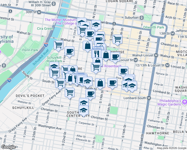 map of restaurants, bars, coffee shops, grocery stores, and more near in Philadelphia