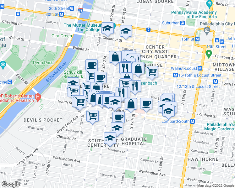 map of restaurants, bars, coffee shops, grocery stores, and more near 2028 Pine Street in Philadelphia