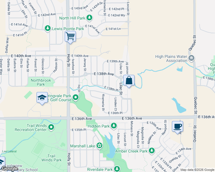 map of restaurants, bars, coffee shops, grocery stores, and more near 13701 Leyden Street in Thornton