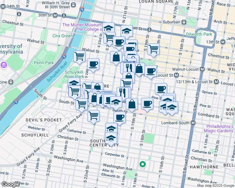map of restaurants, bars, coffee shops, grocery stores, and more near in Philadelphia