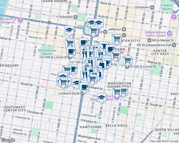 map of restaurants, bars, coffee shops, grocery stores, and more near 1321 Cypress Street in Philadelphia