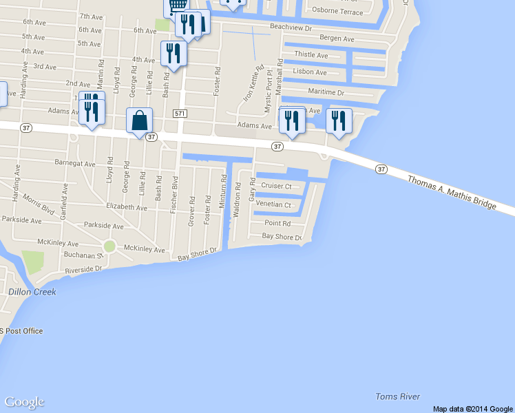 map of restaurants, bars, coffee shops, grocery stores, and more near 5 Venetian Court in Toms River