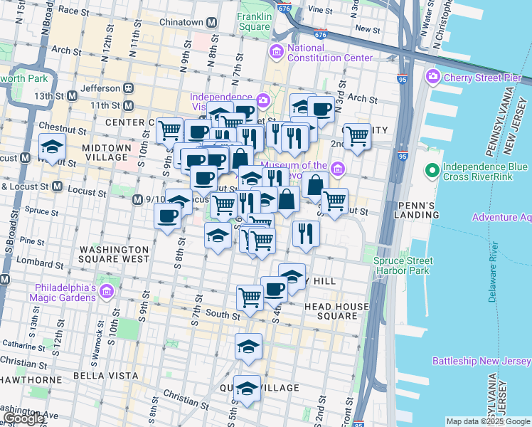 map of restaurants, bars, coffee shops, grocery stores, and more near 34 Saint James Court in Philadelphia