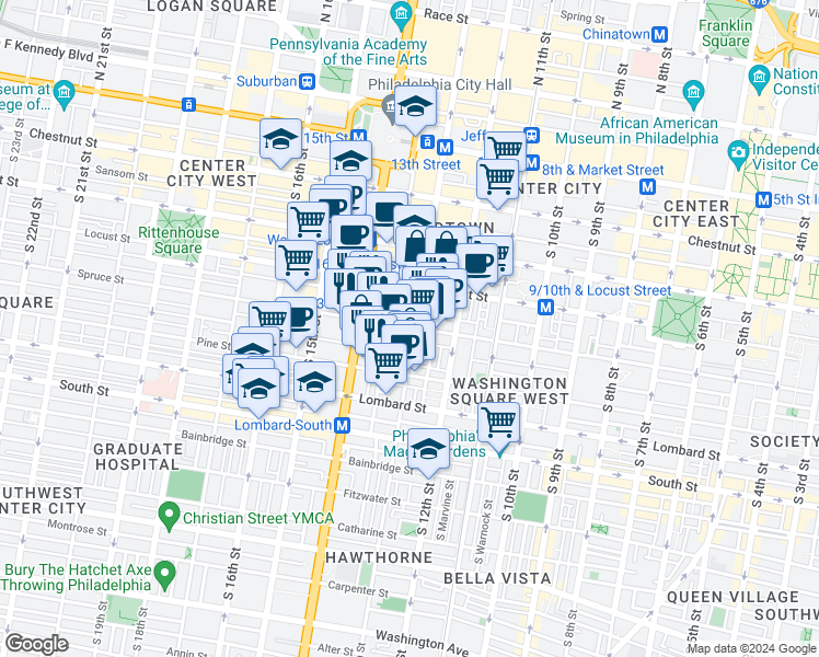 map of restaurants, bars, coffee shops, grocery stores, and more near 1300 Spruce Street in Philadelphia