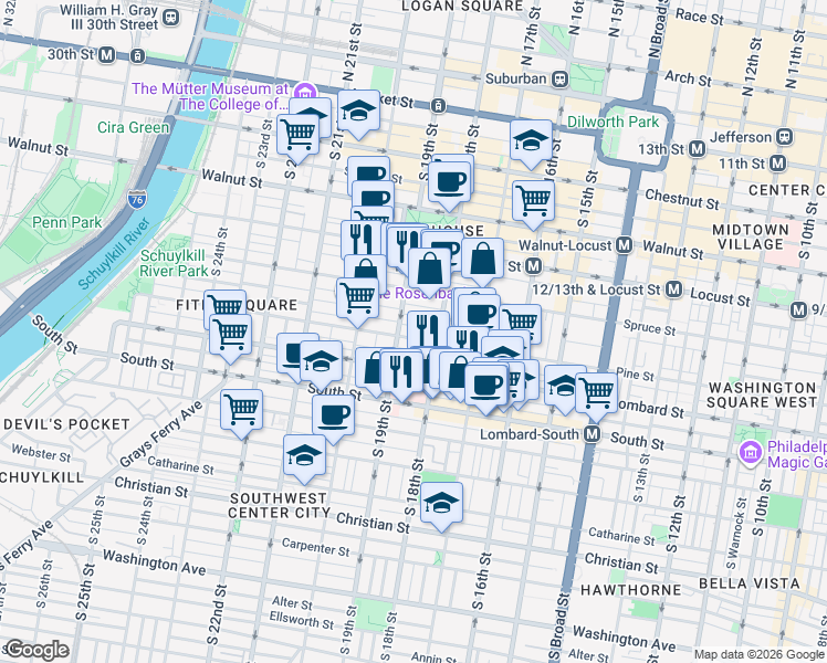 map of restaurants, bars, coffee shops, grocery stores, and more near 1826 Pine Street in Philadelphia