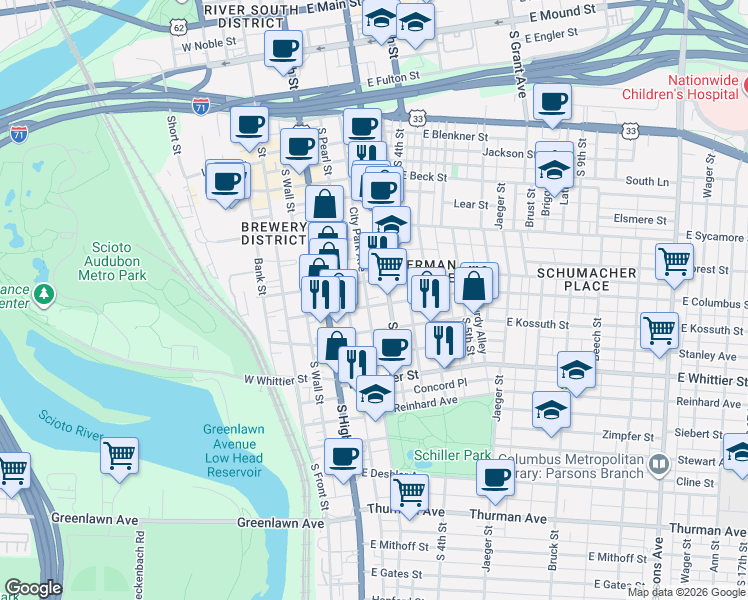 map of restaurants, bars, coffee shops, grocery stores, and more near 777 South 3rd Street in Columbus
