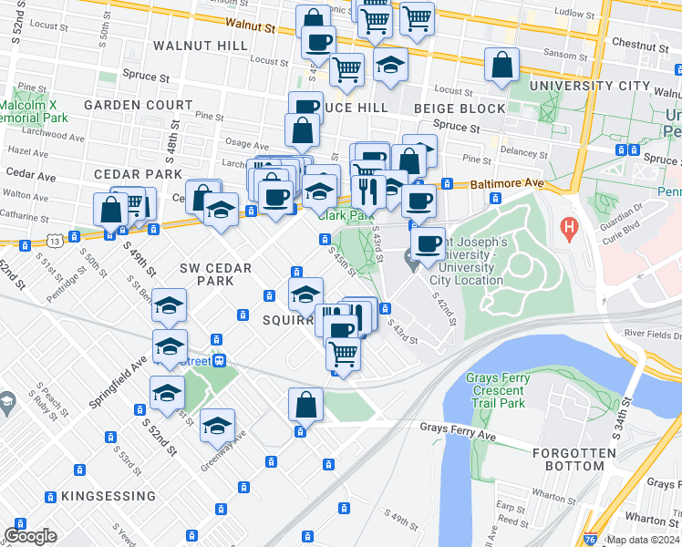 map of restaurants, bars, coffee shops, grocery stores, and more near 4507 Kingsessing Avenue in Philadelphia