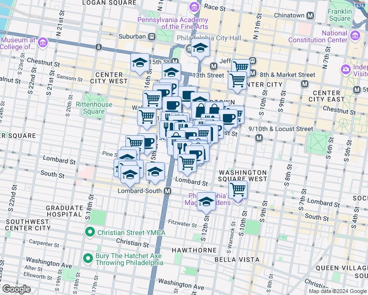 map of restaurants, bars, coffee shops, grocery stores, and more near 1326-42 Spruce Street in Philadelphia