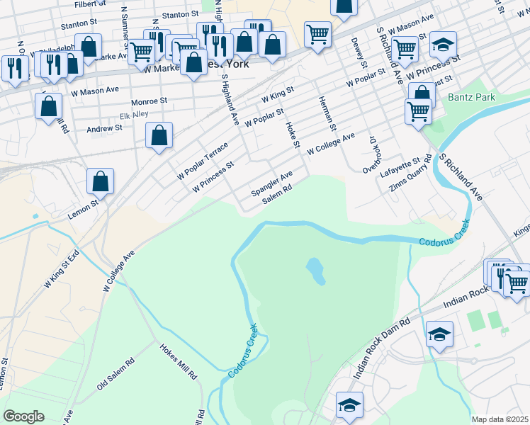 map of restaurants, bars, coffee shops, grocery stores, and more near 1446 Salem Road in York