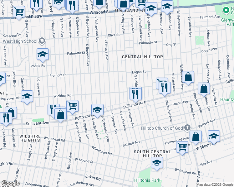 map of restaurants, bars, coffee shops, grocery stores, and more near 417 South Eureka Avenue in Columbus