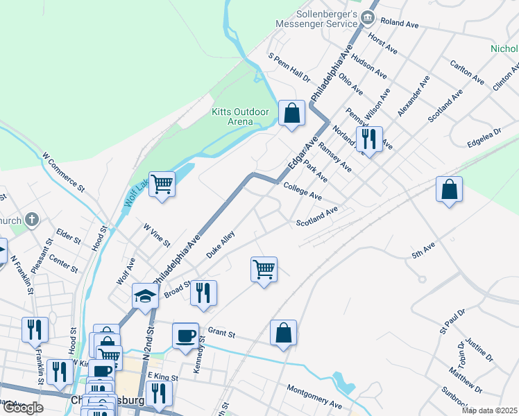 map of restaurants, bars, coffee shops, grocery stores, and more near 135 Riddle Road in Chambersburg