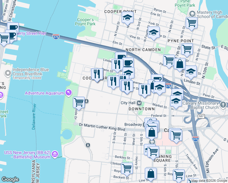 map of restaurants, bars, coffee shops, grocery stores, and more near 201 Market Street in Camden