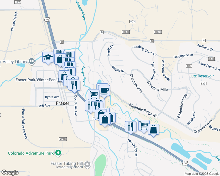 map of restaurants, bars, coffee shops, grocery stores, and more near 261 Meadow Ridge Road in Fraser