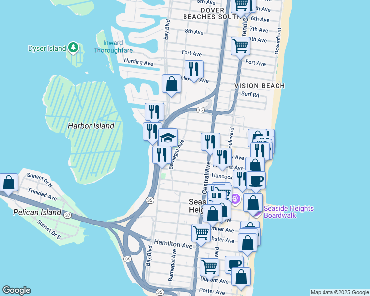 map of restaurants, bars, coffee shops, grocery stores, and more near 234 Kearney Avenue in Seaside Heights