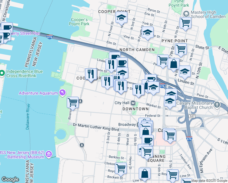map of restaurants, bars, coffee shops, grocery stores, and more near 213 Market Street in Camden