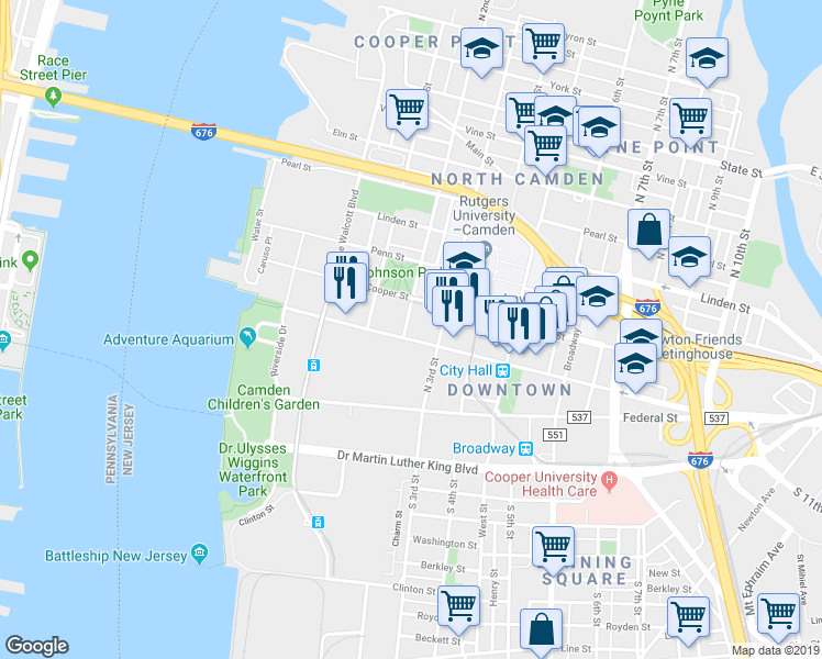 map of restaurants, bars, coffee shops, grocery stores, and more near 213 Market Street in Camden