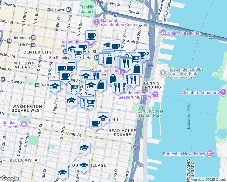 map of restaurants, bars, coffee shops, grocery stores, and more near 2 Willings Alley in Philadelphia