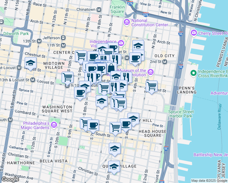 map of restaurants, bars, coffee shops, grocery stores, and more near 227 South 6th Street in Philadelphia