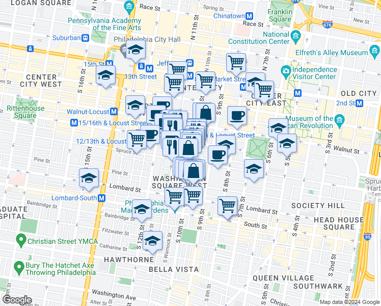 map of restaurants, bars, coffee shops, grocery stores, and more near in Philadelphia