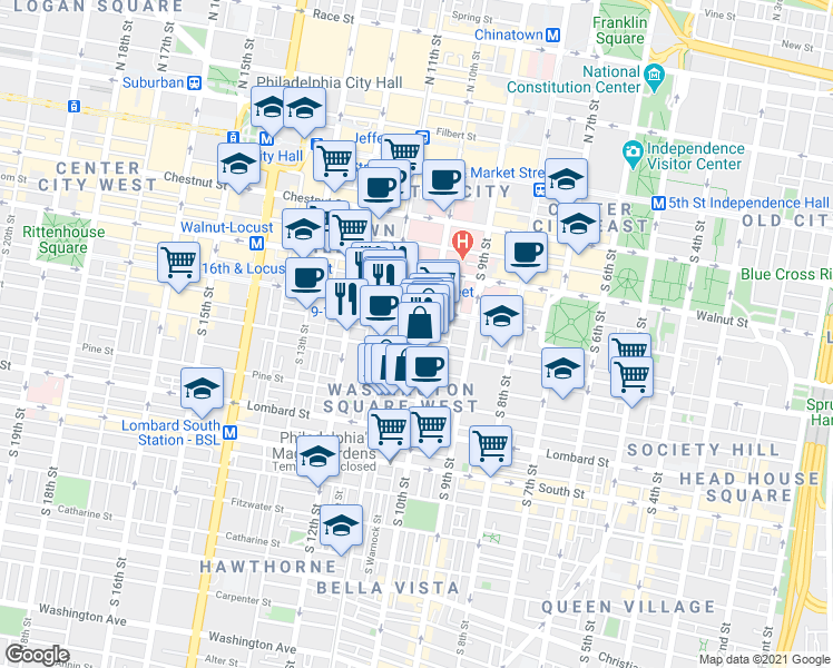 map of restaurants, bars, coffee shops, grocery stores, and more near 1029 Spruce Street in Philadelphia