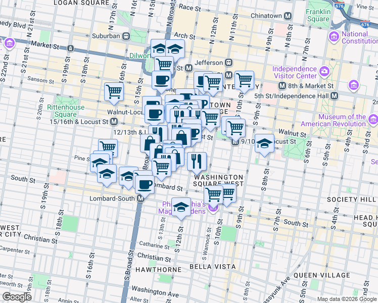 map of restaurants, bars, coffee shops, grocery stores, and more near in Philadelphia