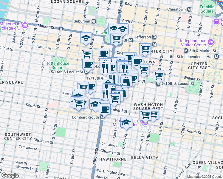 map of restaurants, bars, coffee shops, grocery stores, and more near 1321 Cypress Street in Philadelphia