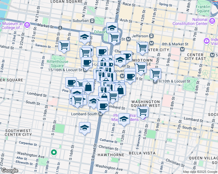 map of restaurants, bars, coffee shops, grocery stores, and more near 311 South Broad Street in Philadelphia