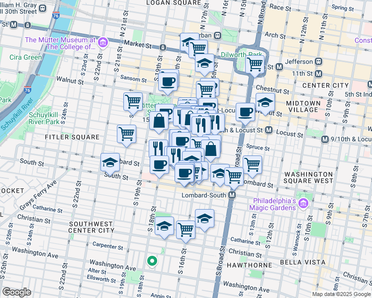 map of restaurants, bars, coffee shops, grocery stores, and more near 341 South 17th Street in Philadelphia