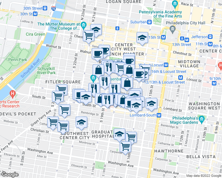 map of restaurants, bars, coffee shops, grocery stores, and more near 1826 Pine Street in Philadelphia
