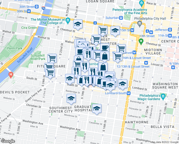 map of restaurants, bars, coffee shops, grocery stores, and more near 1826 Pine Street in Philadelphia