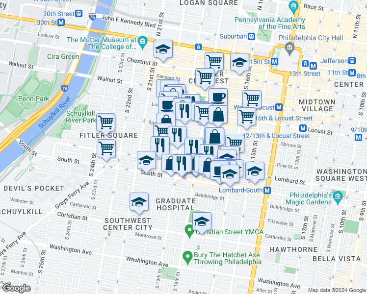 map of restaurants, bars, coffee shops, grocery stores, and more near 1826 Pine Street in Philadelphia