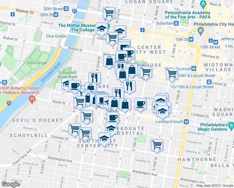 map of restaurants, bars, coffee shops, grocery stores, and more near in Philadelphia
