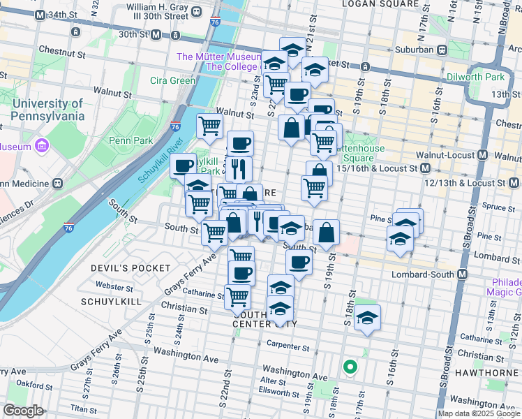 map of restaurants, bars, coffee shops, grocery stores, and more near in Philadelphia