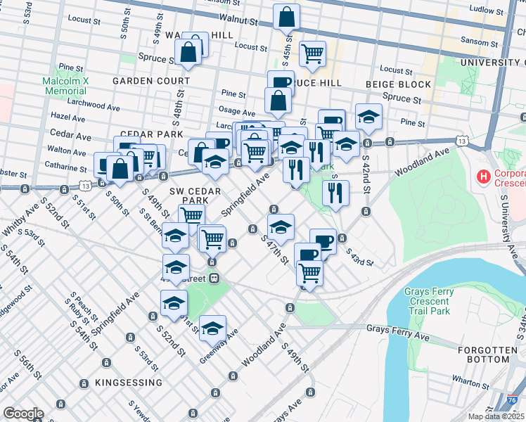 map of restaurants, bars, coffee shops, grocery stores, and more near 4610 Chester Avenue in Philadelphia