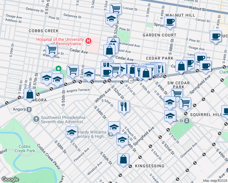 map of restaurants, bars, coffee shops, grocery stores, and more near 766 South 52nd Street in Philadelphia