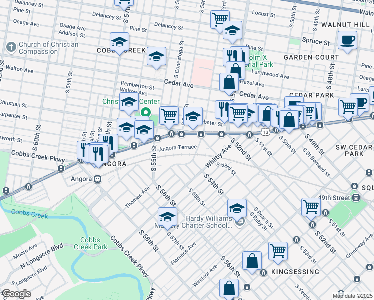 map of restaurants, bars, coffee shops, grocery stores, and more near 5326 Angora Terrace in Philadelphia