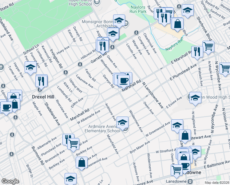 map of restaurants, bars, coffee shops, grocery stores, and more near in Delaware County