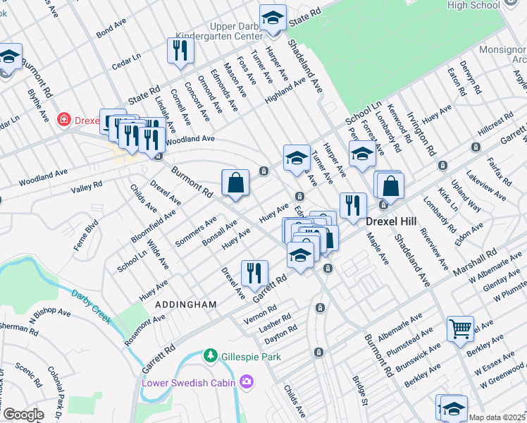 map of restaurants, bars, coffee shops, grocery stores, and more near 3803 Huey Avenue in Drexel Hill