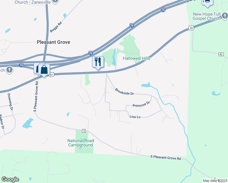map of restaurants, bars, coffee shops, grocery stores, and more near 155 Mockingbird Hill in Zanesville