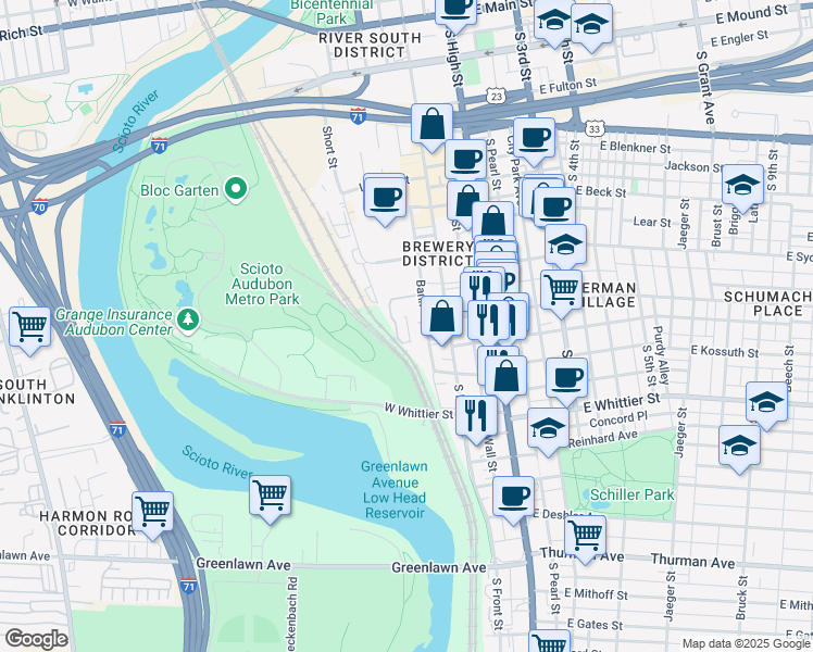 map of restaurants, bars, coffee shops, grocery stores, and more near 100 Frankfort Square in Columbus