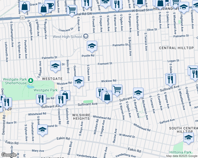 map of restaurants, bars, coffee shops, grocery stores, and more near 406 South Powell Avenue in Columbus