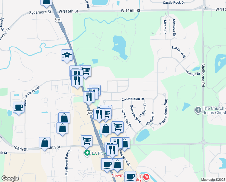 map of restaurants, bars, coffee shops, grocery stores, and more near 4059 Weston Pointe Drive in Zionsville