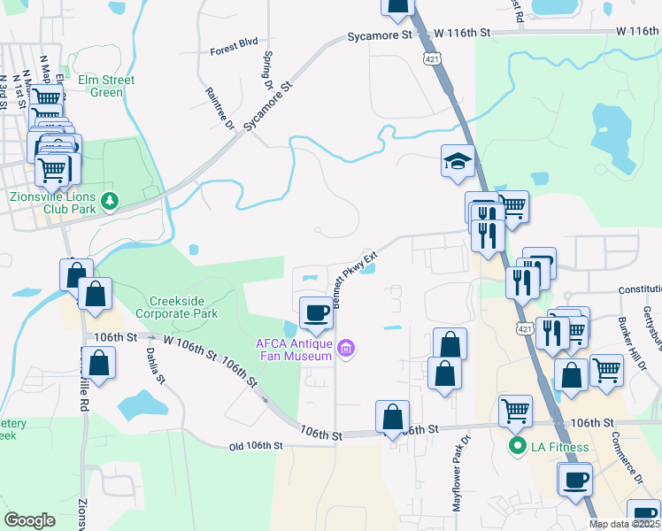 map of restaurants, bars, coffee shops, grocery stores, and more near 1690 Williams Glen Boulevard in Zionsville