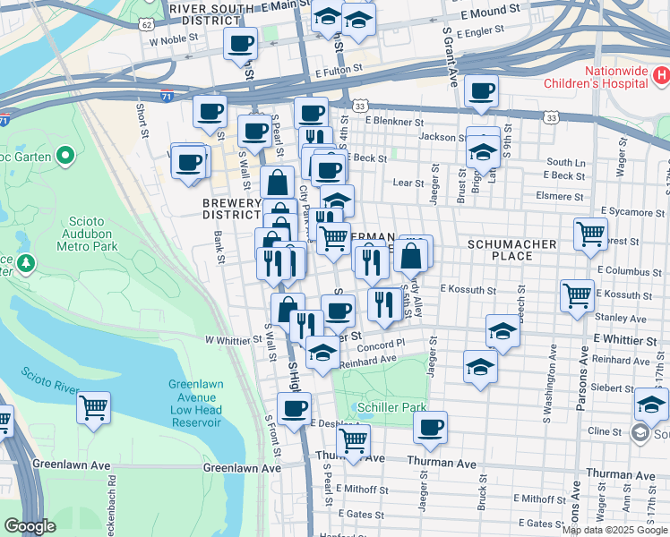 map of restaurants, bars, coffee shops, grocery stores, and more near 769 S 3rd St in Columbus