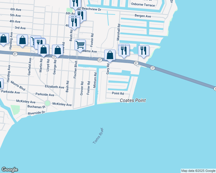 map of restaurants, bars, coffee shops, grocery stores, and more near 123 Gary Road in Toms River
