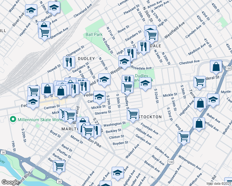 map of restaurants, bars, coffee shops, grocery stores, and more near 2912 Federal Street in Camden