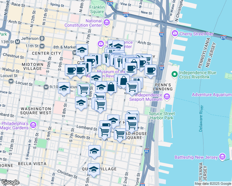 map of restaurants, bars, coffee shops, grocery stores, and more near 2 South Leithgow Street in Philadelphia