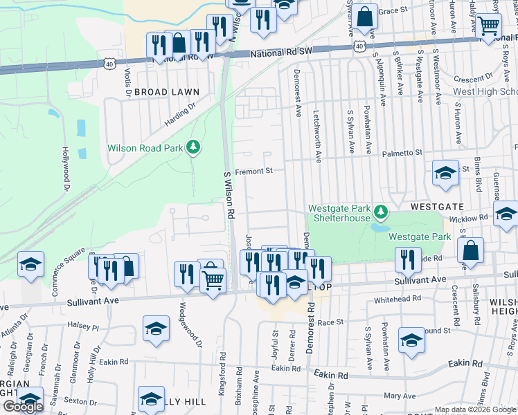 map of restaurants, bars, coffee shops, grocery stores, and more near 3491 Wicklow Road in Columbus